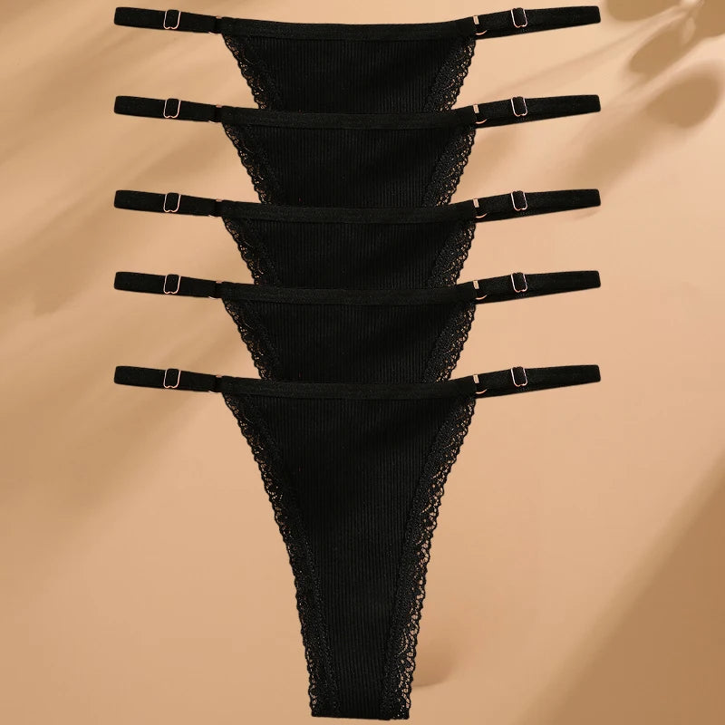 5PCS Cotton G-String Panties Set — Sexy Women’s T-Back Underwear, Adjustable Waist Thong Lingerie Briefs