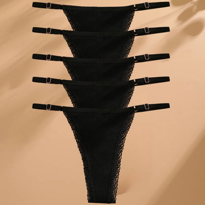 5PCS Cotton G-String Panties Set — Sexy Women’s T-Back Underwear, Adjustable Waist Thong Lingerie Briefs