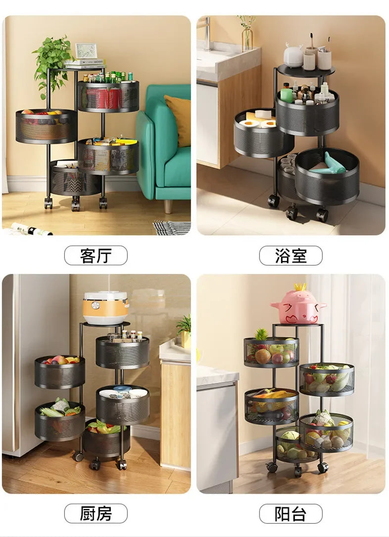 5 Layer Stainless Steel Rotating Shelf - Kitchen & Bathroom Storage Baskets, Fruit & Vegetable Rack with Wheels