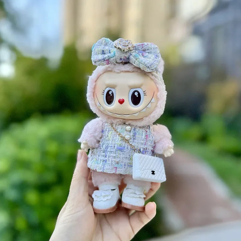 Cute 17cm Labubu Idol Doll Outfit – Camellia Dress, Bag & Shoes Set for Mini DIY Monster Sitting Party Collection