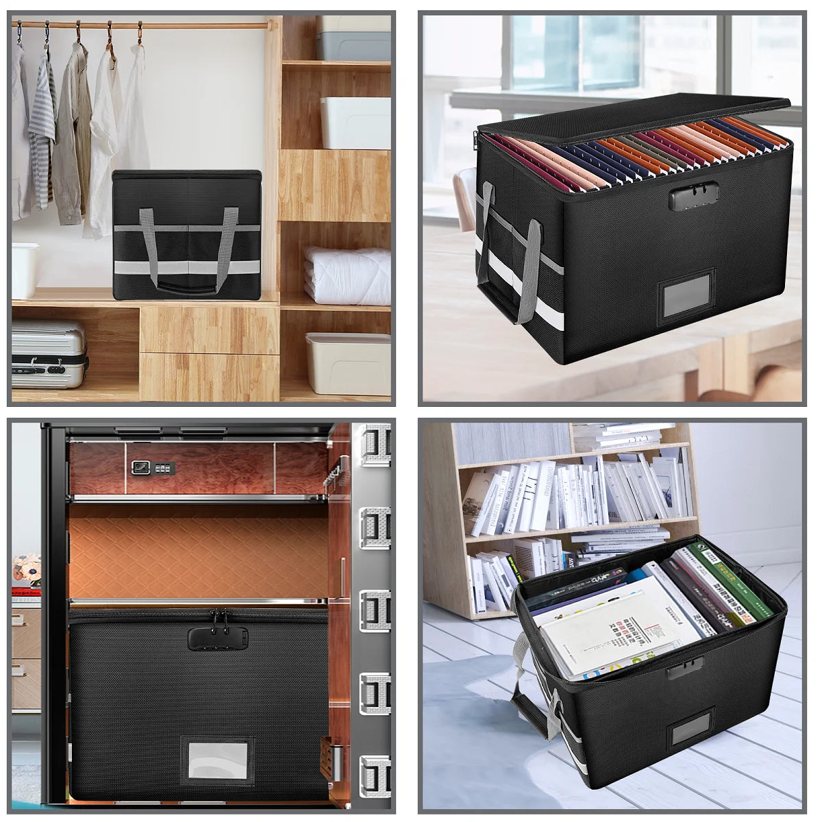 Fireproof Waterproof File Organizer – Large Capacity Black Foldable Storage Box with Handle & Combination Lock