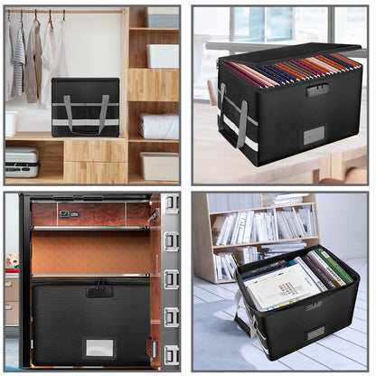 Fireproof Waterproof File Organizer – Large Capacity Black Foldable Storage Box with Handle & Combination Lock