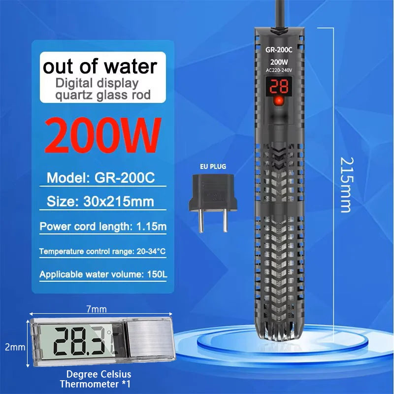 25W-300W Fish Tank Aquarium Heating Rod - Quartz Glass with Digital Display & Automatic Thermostat for Aquariums