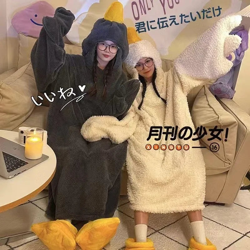 Thick Coral Fleece Hooded Robe — Big Goose Cartoon Nightgown for Couples, Cute Duck Sleepwear & Home Cosplay