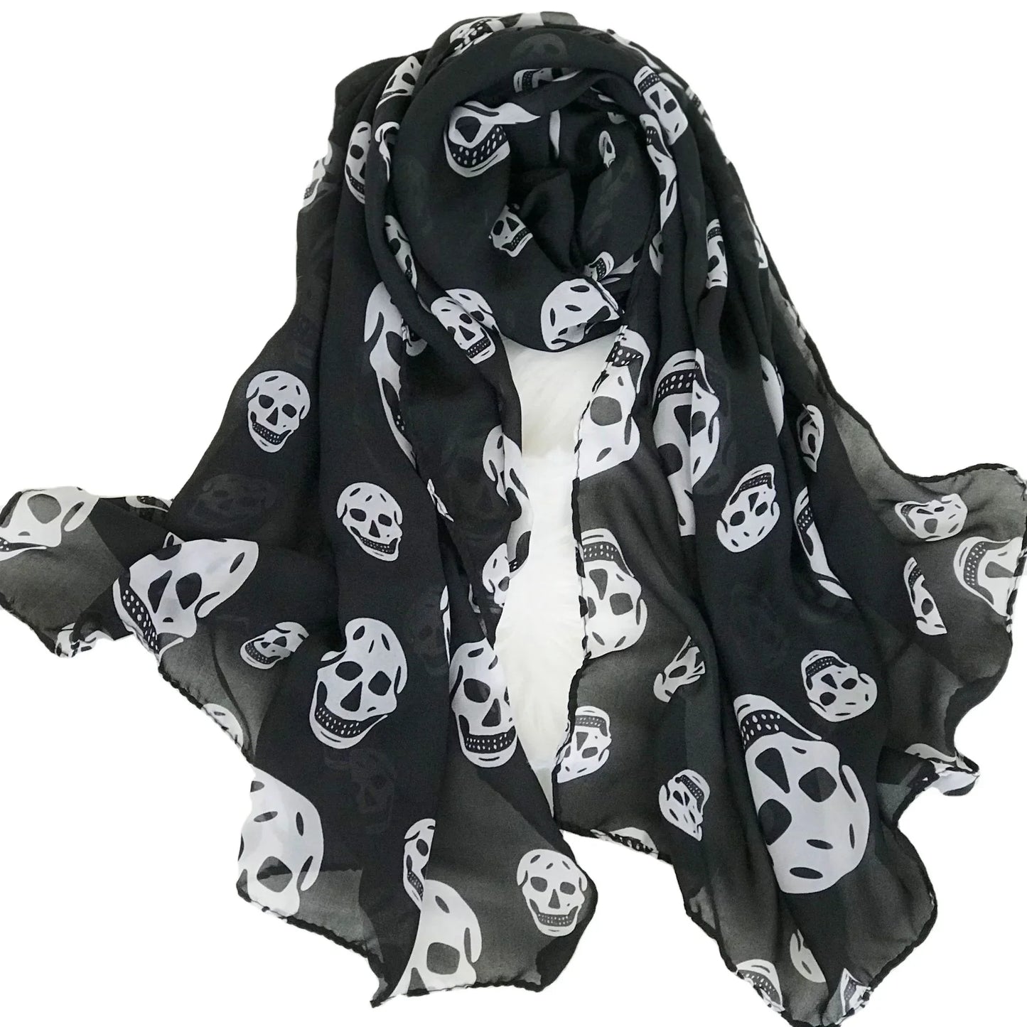 Summer Beach Long Shawl - Fashion Skull Print Chiffon Silk Scarf, Hijab, Soft and Thin, 50x150cm for Men and Women