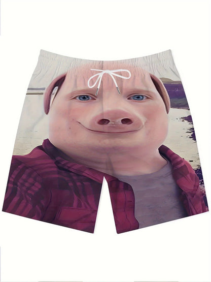 Cartoon Pig Print Swim Shorts – Adjustable Drawstring Waist with Pockets, Lightweight Summer Pool & Ocean Wear