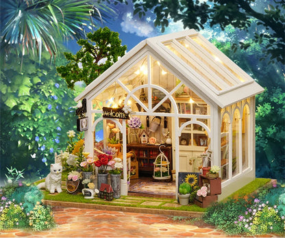 DIY Wooden Sunshine Greenhouse Cottage – Miniature Dollhouse Kit with Furniture for Friends' Gifts