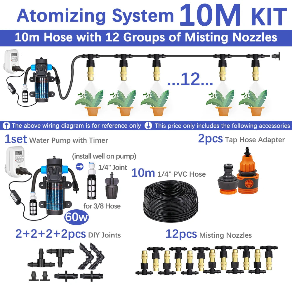 60W Self-Priming Misting Pump Kit 30–10m Cooling System with Adjustable Nozzle Atomizer for Garden Irrigation & Watering System