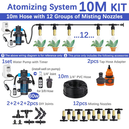 60W Self-Priming Misting Pump Kit 30–10m Cooling System with Adjustable Nozzle Atomizer for Garden Irrigation & Watering System