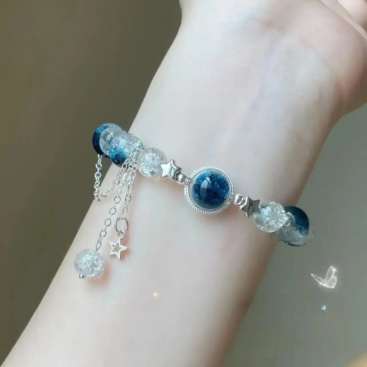 Star Chain Tassel Bracelet for Women – Fantasy Blue Crystal Beads on Elastic Rope, Perfect Gift for Best Friends