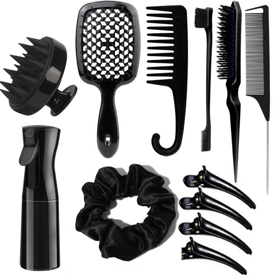 12PCS Hairstyling Comb Set – Tail Comb, Hair Spray Bottle, Loop Weaving Tool, Shampoo Brush & Salon Styling Tools