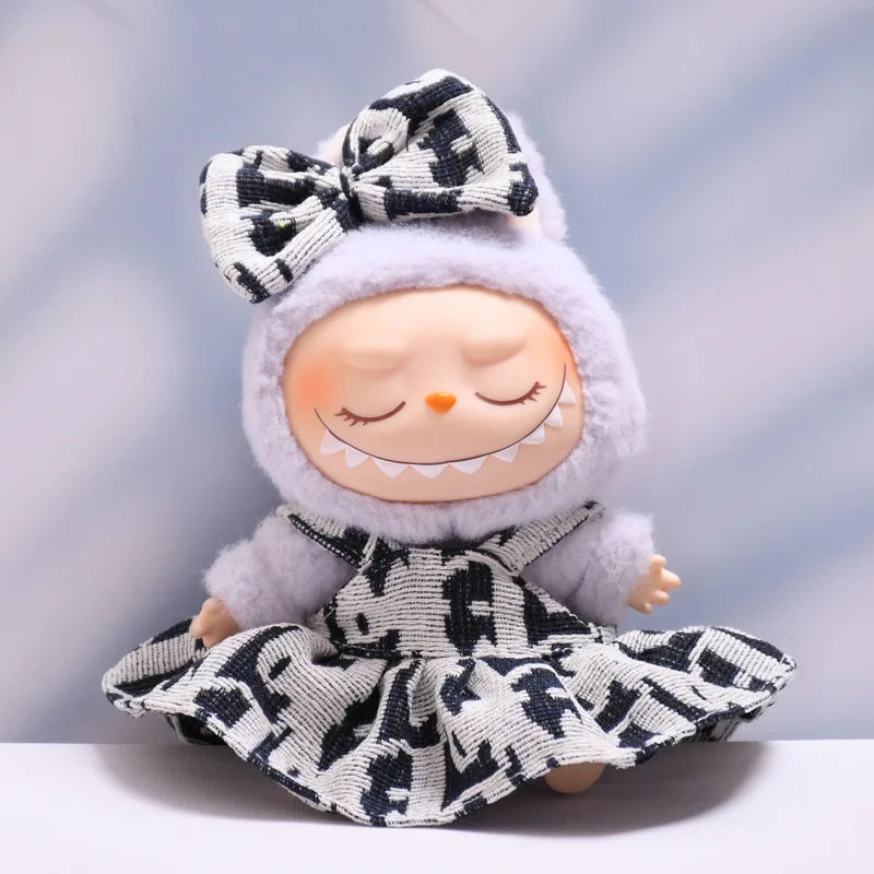 17cm Labubu II Mini Doll Clothes — Luxury Bow Headband Dress Outfit Set for Sitting, Party & Game Accessories