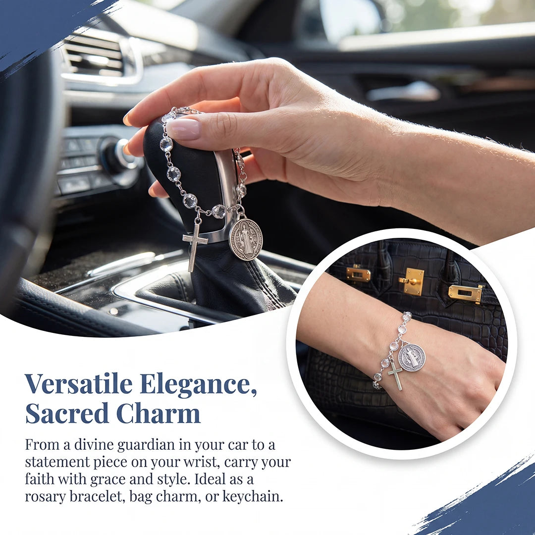 Catholic Rosary Car Pendant - St. Benedict Medal and Cross Religious Auto Interior Accessory