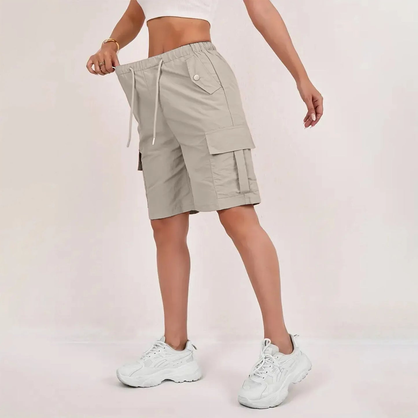 Women’s High-Waisted Cargo Shorts - Loose Straight-Leg Drawstring Sports Shorts with Multiple Pockets