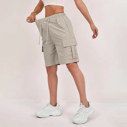 Women’s High-Waisted Cargo Shorts - Loose Straight-Leg Drawstring Sports Shorts with Multiple Pockets
