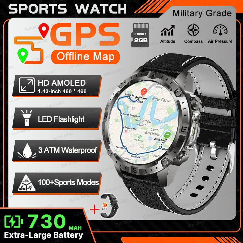 All-Terrain GPS Sports Smartwatch - Offline Maps, Altimeter, Barometer, Compass, 3ATM Waterproof & 730mAh Battery