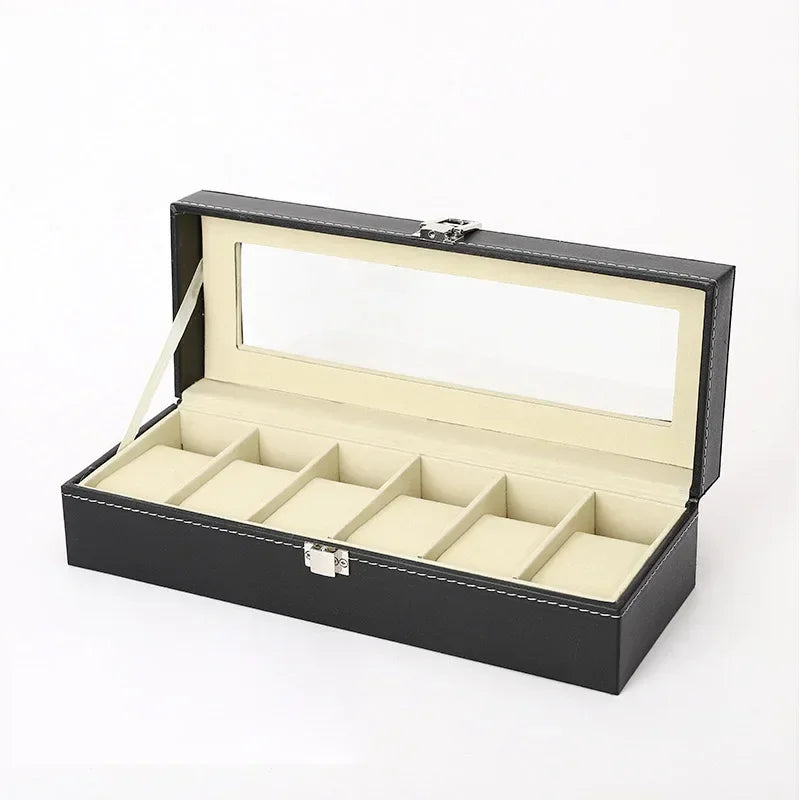 PU Leather Watch Display Box — Glass Top Storage Organizer with Slots for Men’s Watches, Perfect Gift