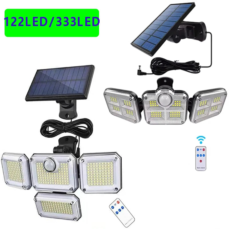 Outdoor 122 LED Solar Motion Sensor Flood Light, 4-Head 3000 Lumens Waterproof Security Lamp with 270° Wide Lighting Range
