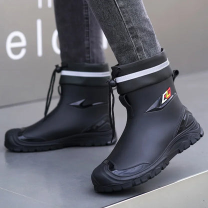 Men’s Ankle-High Fleece-Lined Rain Boots – Waterproof, Anti-Slip, Wear-Resistant Work & Fishing Shoes