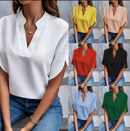 Women’s V-Neck Summer Blouse - Casual Solid Half Sleeve Loose Fit Elegant Office Pullover Shirt Top