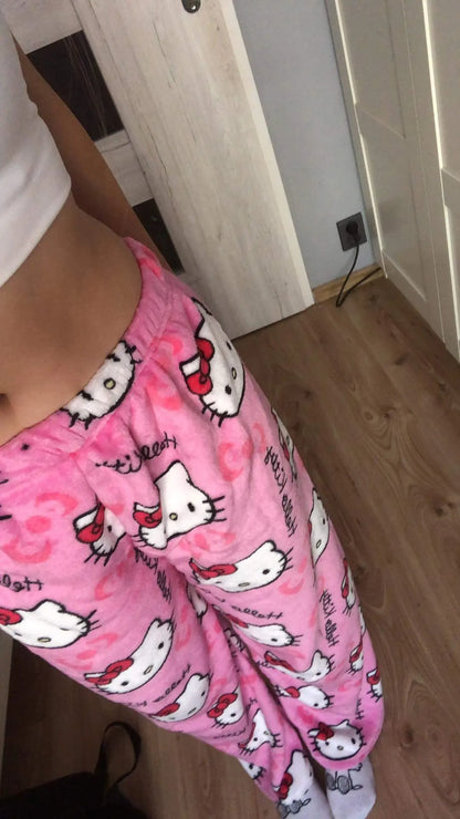 Y2K Hello Kitty Sanrio Pajama Pants – Women’s Anime Cartoon Sleepwear, Cozy Couple Home Trousers