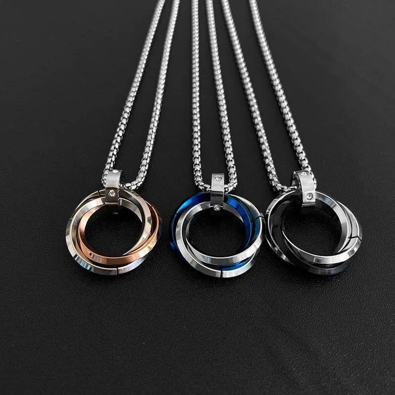 Men’s Hip Hop Three Ring Necklace – Titanium Steel Red Pendant, Fade Resistant Statement Jewelry