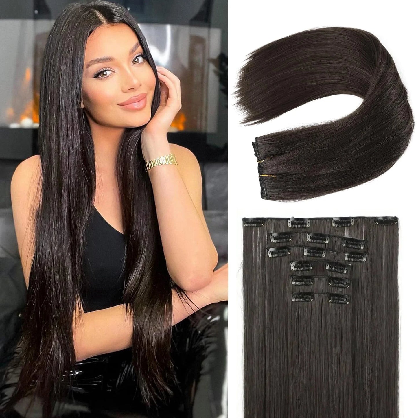 Clip-In Hair Extensions – Thick, Long Lace Weft Lightweight Synthetic Hairpieces for Women