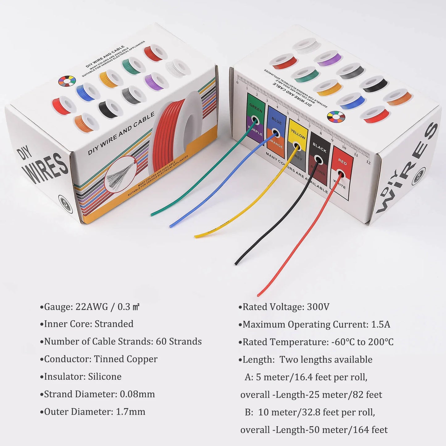 22AWG Flexible Silicone Electric Wire – 22 Gauge Stranded Tinned Copper, 5 Colors, 16.4ft/5m or 32.8ft/10m
