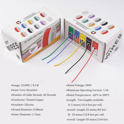 22AWG Flexible Silicone Electric Wire – 22 Gauge Stranded Tinned Copper, 5 Colors, 16.4ft/5m or 32.8ft/10m