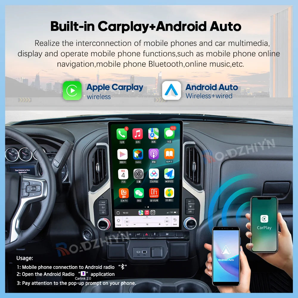 15.6" Car Multimedia Player - GPS Navigation, CarPlay, Android Auto, 4G & WiFi for Chevrolet Silverado & GMC Sierra 2019-2023