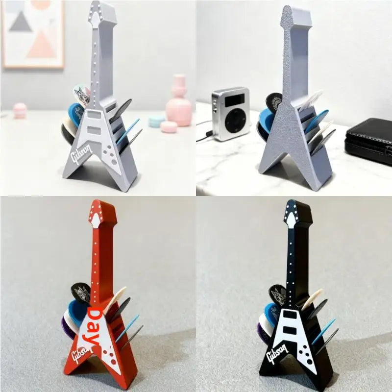 3D Printed Guitar Pick Holder – Guitar-Shaped Plectrum Storage Box with Stand & Accessories Organizer