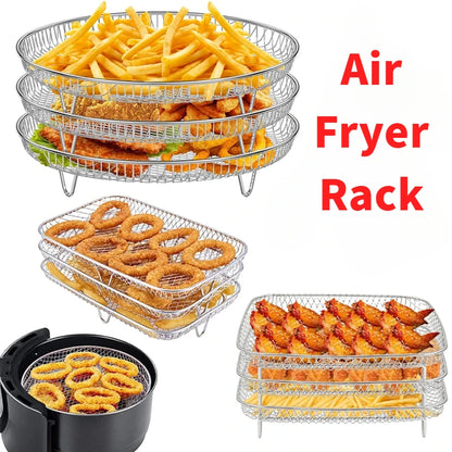 3-Layer Stackable Air Fryer Rack – 304 Stainless Steel Grilling & Steaming Rack for Oven & Cooking Tools
