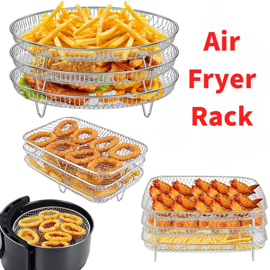 3-Layer Stackable Air Fryer Rack – 304 Stainless Steel Grilling & Steaming Rack for Oven & Cooking Tools