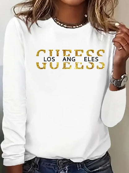 Women's Letter Print Warm Base Layer - Autumn & Winter Cross Printed T-shirt, Casual Round Neck Long Sleeve Top
