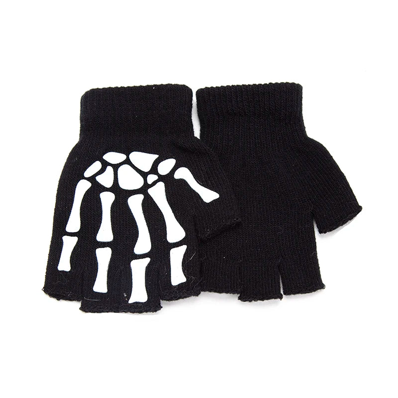 Skeleton Skull Fingerless Gloves - Luminous Punk Halloween Gloves for Adults and Kids, Black Winter Mittens