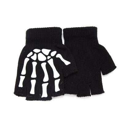 Skeleton Skull Fingerless Gloves - Luminous Punk Halloween Gloves for Adults and Kids, Black Winter Mittens