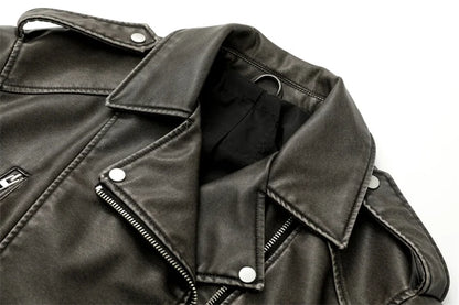 RARF 2024 Women's Washed Leather Jacket – Coal Gray Short Coat with Belt, Vintage Lapel & Zipper