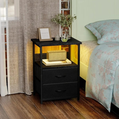 LED Nightstand with Charging Station – USB Ports, Outlets & 2 Fabric Storage Drawers Bedside Table
