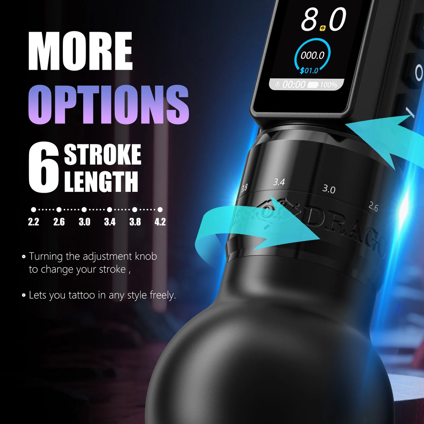 Ambition Traveler-T2 Wireless Tattoo Machine - Adjustable Stroke Tattoo Pen with 2000mAh Battery