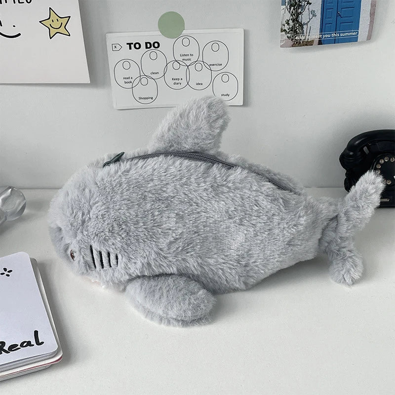 Large Capacity Plush Shark Pencil Case – Cute Ocean-Themed Pen Pouch, Portable Cosmetic & Storage Bag