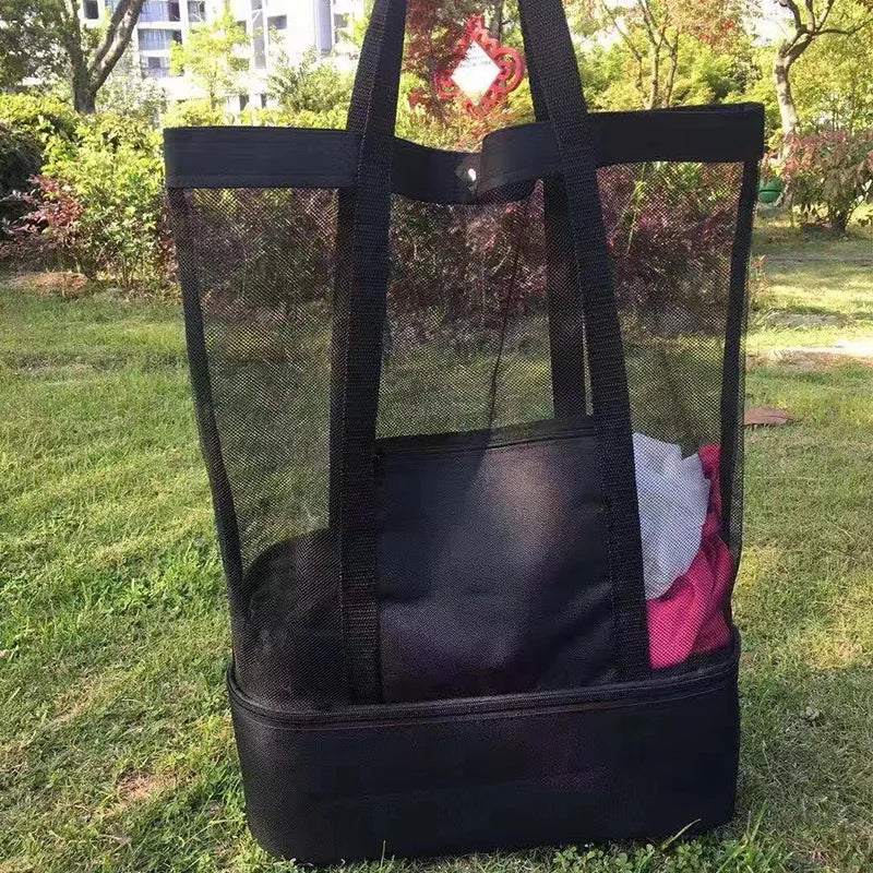 Women’s Waterproof Picnic & Beach Tote Bag – Double Layer Transparent Mesh Insulated Shopping Bag
