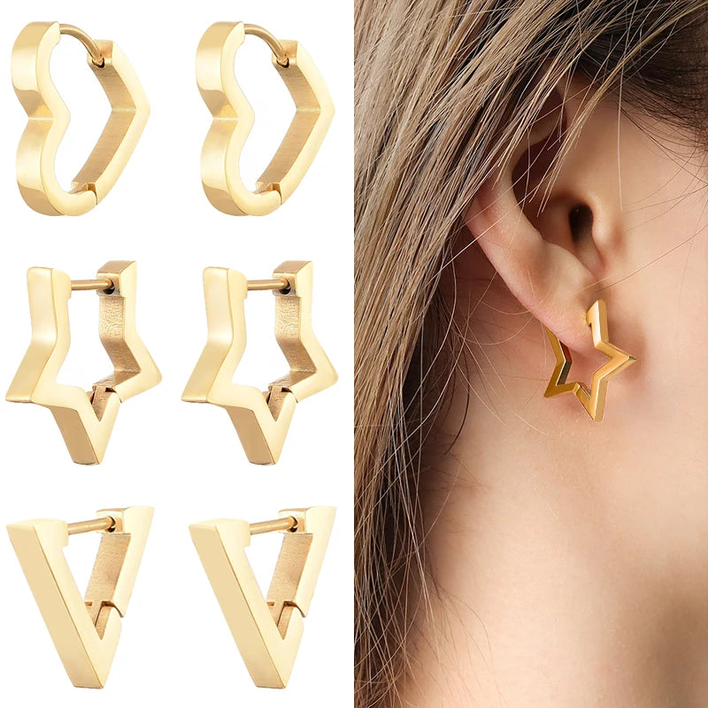 Classic Stainless Steel Hoop Earrings - Heart, Star, Oval & Geometric Punk Hip Hop Jewelry for Women & Men