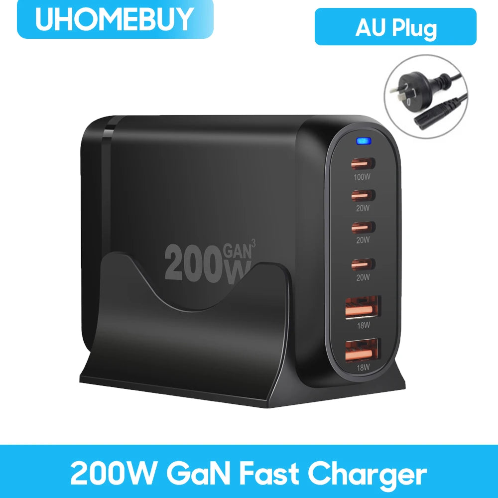 UHOMEBUY 200W GaN Desktop Charger - 6-Port USB Type C with 100W PD & Quick Charge 3.0 Fast Mobile Charger