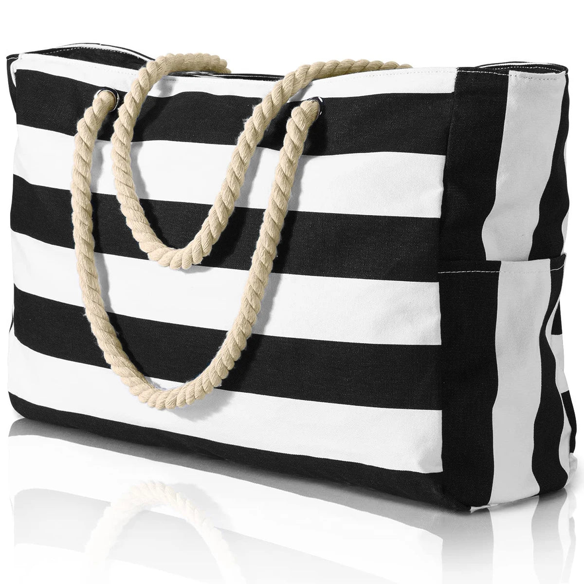 Striped Waterproof Canvas Beach Bag – Zippered Foldable Tote for Outdoor Travel and Vacation, Sand-Resistant Design