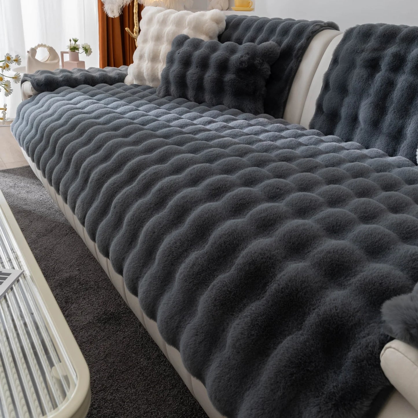 Thick Rabbit Fur Plush Sofa Slipcover - Non-Slip Soft Couch Cushion Cover for Modern Living Room Home Decor