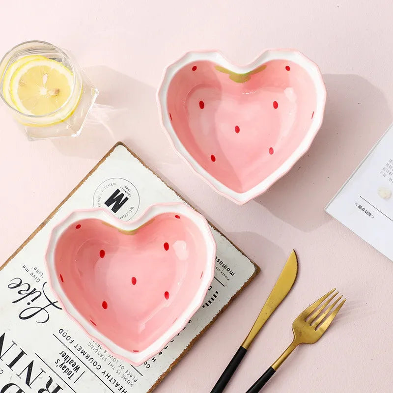 Strawberry Ramen Bowl & Spoon Set - Cute Ceramic Anti-Scald Instant Noodle Bowl