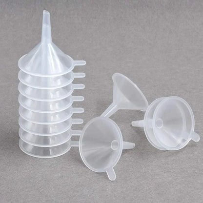 10-Piece Mini Plastic Funnels — Small Funnels for Essential Oil Bottles, Empty Lip Gloss Tubes, Perfume Bottles
