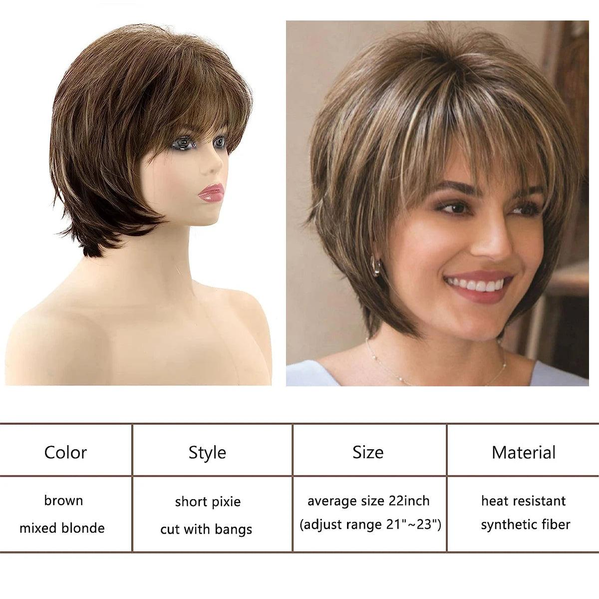 Brown Short Layered Pixie Cut with Blonde Highlights – Natural-Looking Synthetic Wig for White Women
