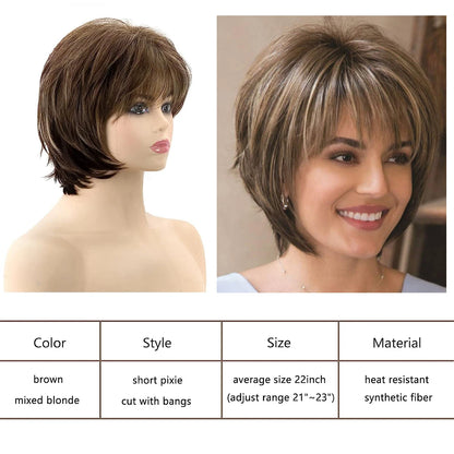 Brown Short Layered Pixie Cut with Blonde Highlights – Natural-Looking Synthetic Wig for White Women