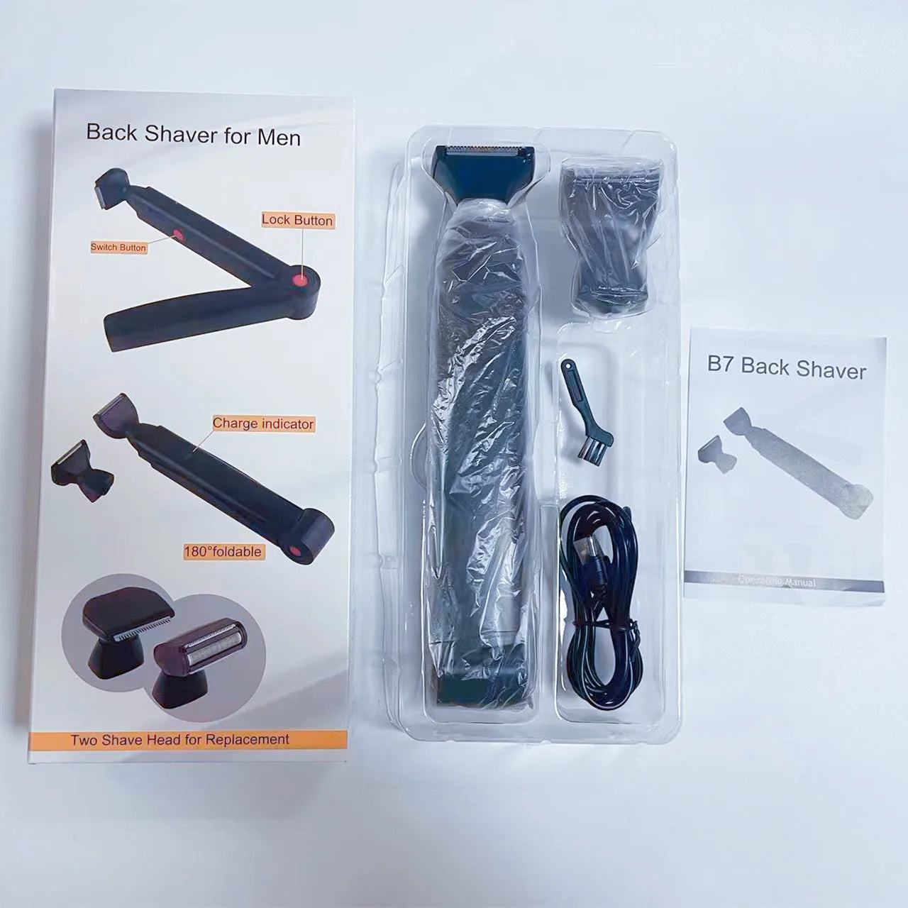 Long Handle Waterproof Men’s Back Shaver — USB Rechargeable Folding Body Hair Trimmer
